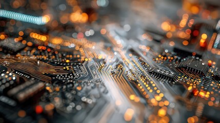 Close Up of a Circuit Board with Warm Orange Bokeh Lights Technology Concept Engineering Hardware Electronics Components Computer Macro Shot