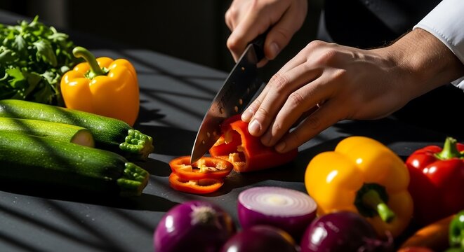 Chef slicing vegetables with Japanese knife, cinematic dark kitchen background, culinary action photography for premium food advertising