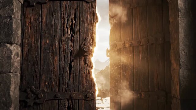 4k close-up showing the partially opened weathered wooden doors to a stone structure, revealing a bright, light-filled landscape beyond, creating an ethereal, hopeful