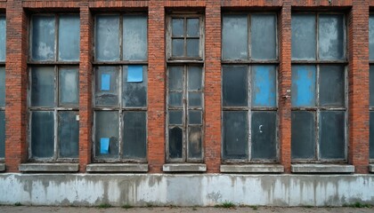 Fototapeta premium Old brick factory building facade with large dusty windows and peeling blue paint. Worn concrete base, weathered exterior textures show industrial past,.
