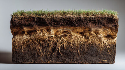 Fototapeta na wymiar Healthy grass soil cross section with dense roots and layered earth visible, showing natural texture and botanical structure in warm light