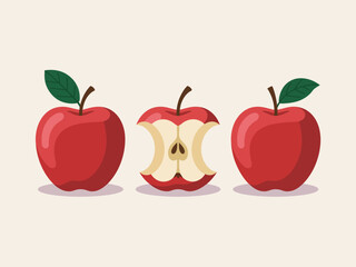 This image presents three red apples, including one cut in half to reveal its core, symbolizing health and freshness in a simple yet appealing manner.