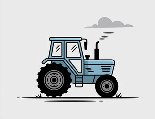 This image features a simplistic vector illustration of a blue tractor viewed from the side, showcasing its tires, windows, and exhaust smoke against a plain backdrop.