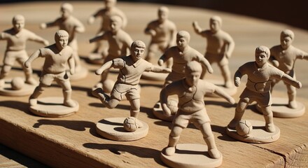 A collection of miniature unpainted wooden toy soldier figures depicting various sports players in action poses on a wooden surface