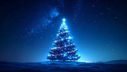 Enchanting Christmas Tree Shines Bright Under a Starry Winter Night Sky, Bringing Festive Joy and Magical Holiday Spirit to a Serene Landscape
