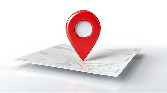 Red navigation pointer icon placed on a folded map to mark a specific location, destination, or point of interest for travel and GPS guidance