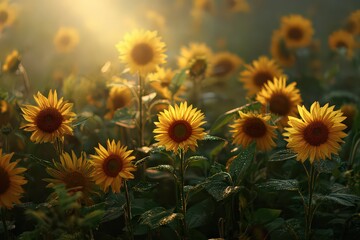 Golden Sunlight Illuminating Vibrant Sunflower Field with Green Foliage and Water Droplets