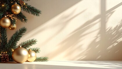 Festive Christmas holiday background with elegant golden ornaments on a fir branch and beautiful sunlight shadows on a neutral wall
