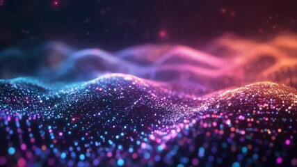 shimmering blue, purple and orange digital light waves. This futuristic design is suitable for projects related to science, digital connectivity, big data, or mus visualizationd