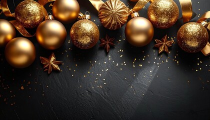 Luxurious Christmas holiday background with shimmering gold ornaments and festive decorations on a dark textured surface with copy space
