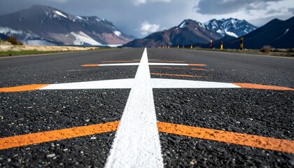 Asphalt road stretches toward snow-capped mountains under cloudy sky. Runway markings in focus