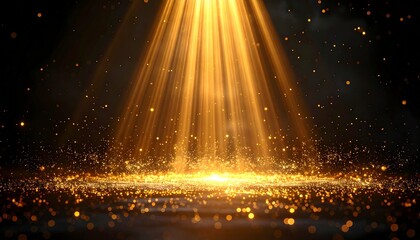 Ethereal golden light beams down onto a floor of sparkling dust and glitter, creating a magical awards ceremony background