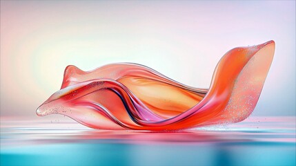 A dynamic, abstract form of flowing liquid, shimmering with iridescent colors and tiny sparkles, rests on a reflective, watery surface.