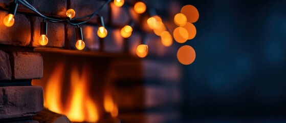 Cozy Fireplace with Warm String Lights and Flickering Fire
