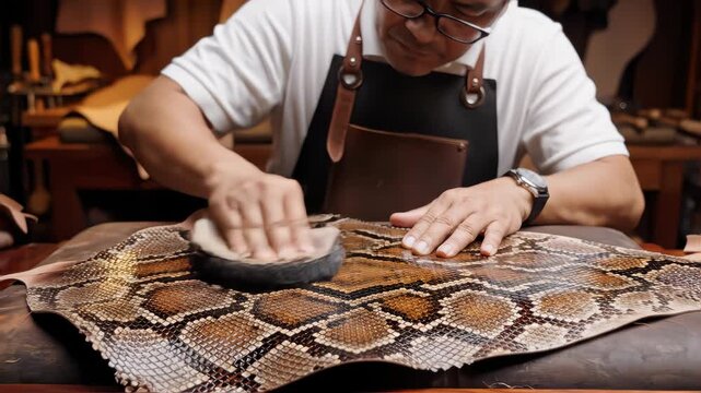 Medium frame shows a specialist polishing snake skin bringing out a glossy highshine effect that emphasizes the reptiles distinct pattern depth and elegance.