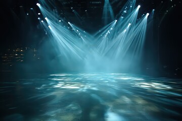 Empty Stage Illuminated by Blue and White Spotlights with Hazy Atmosphere and Reflection on Polished Floor Dramatic and Theatrical Effects