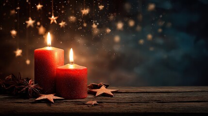 Festive Still Life with Lit Red Candles and Star Garlands on Dark Wooden Table Christmas Decor
