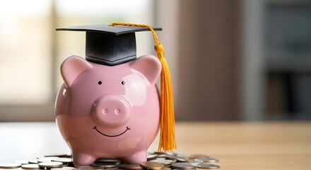 Piggy bank with a black graduation hat with coins as educational loan symbol