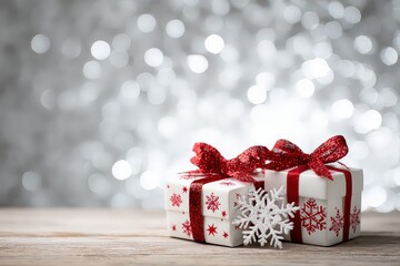 Festive White Gift Boxes with Red Snowflake Accents and Glittering Red Ribbons on Wooden Surface with Bokeh Silver Background for Holiday Celebration