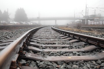 Foggy Railroad Tracks Curving into Distance with Trees in Background and Overpass Above in Cloudy Weather