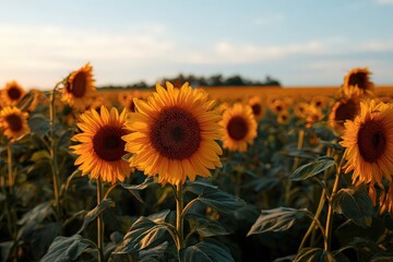 Golden Sunflowers Field Under The Warm Morning Sun and Cloudy Sky