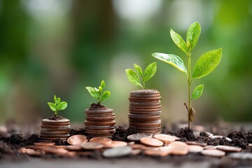 Growing Green Plants On Stacked Coins Concept of Financial Growth and Investment in Natural Outdoor Setting