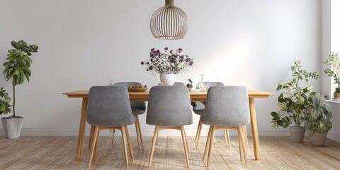 Interior Scene Featuring Dining Table Chairs Plants and a Decorative Light Fixture in a Bright Room