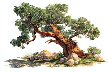 Mature Tree Illustration with Green Foliage and a Brown Trunk on White Background