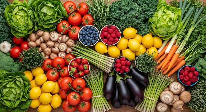 Abundant Variety of Fresh Organic Fruits and Vegetables Displayed for Healthy Eating. - Powered by Adobe