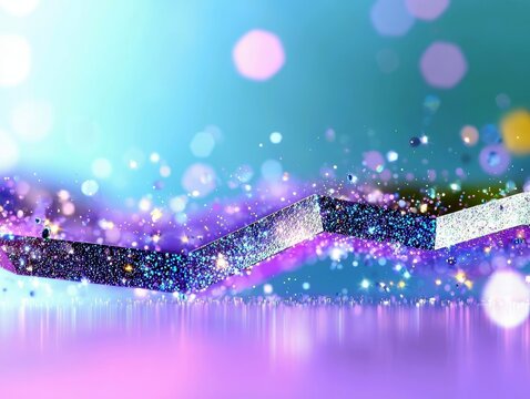 A shimmering, angular geometric shape with a glittery texture is set against a soft gradient background of teal and purple, with scattered bokeh lights.