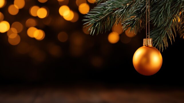Elegant Golden Christmas Ornament on Fir Branch with Festive Bokeh Background - Powered by Adobe