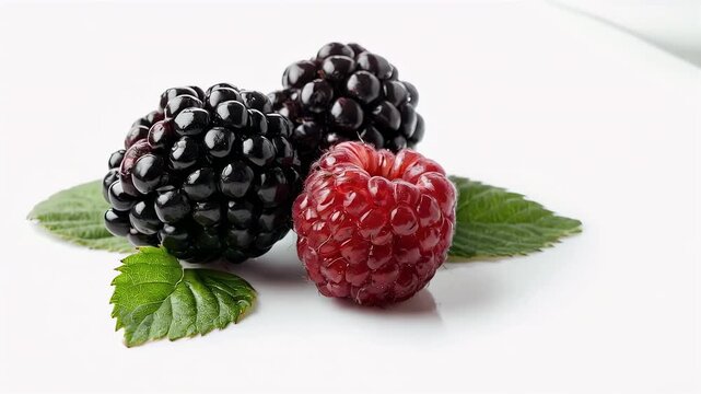 Berries closeup Two black blackberries and one red raspberry with green leaves on a pure white background