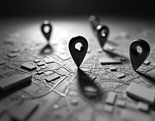 Black, white map shows location pins on road. Destination points marked on city map. Concept of global positioning system. Geography, navigation with roads. Travel direction shows urban destination.