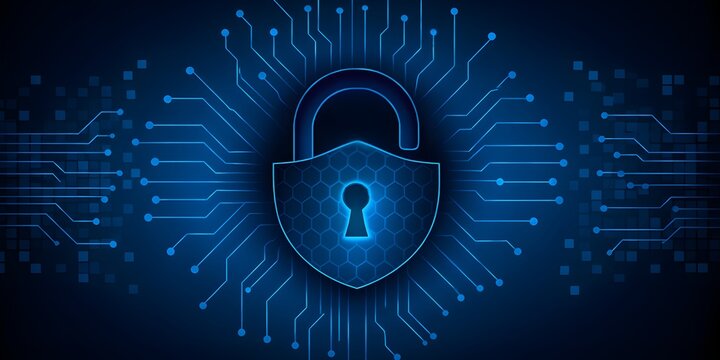 Digital shield with keyhole and open padlock, symbolizing cybersecurity, surveillance, and data vulnerability