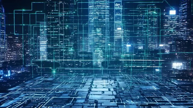 Digital city skyline with glowing grid overlay representing data flow over a futuristic cityscape - Powered by Adobe