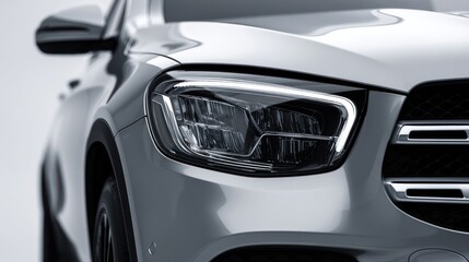 Car headlight detail; silver exterior, modern design with integrated lights