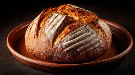 Loaf of rustic sourdough bread, beautifully scored, on a simple plate