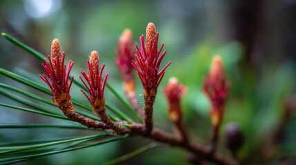 Close-up of pine branch, new reddish needles, green background