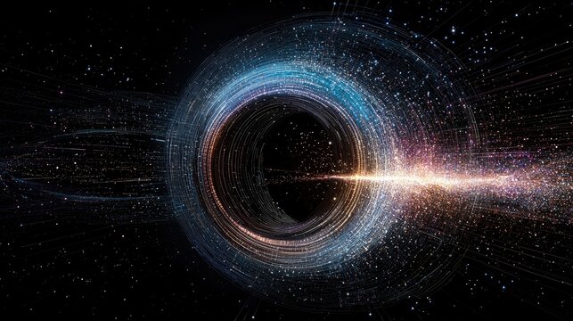 A cosmic phenomenon resembling a black hole or wormhole, with swirling rings of light and a bright central beam against a starry background.