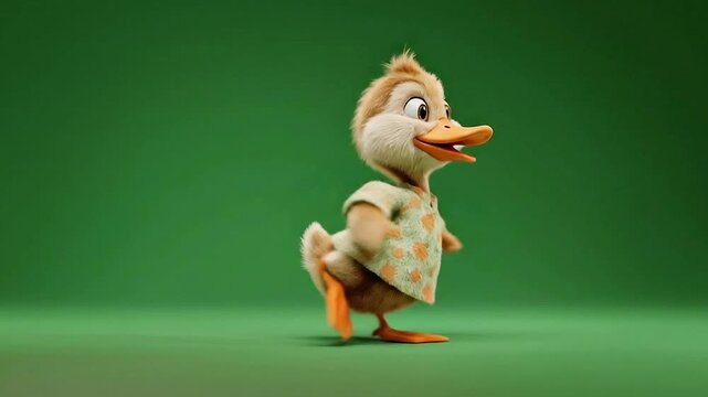 3D Duck Walk with feet pointed outward, doing a duck waddle on green screen