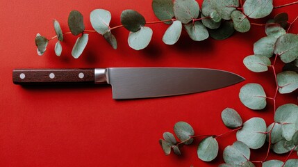 Kitchen knife on red background, framed with eucalyptus leaves
