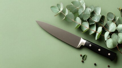 Sleek chef's knife and eucalyptus leaves on muted green surface