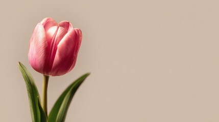 Delicate pink tulip, still closed, with green leaves on plain beige background