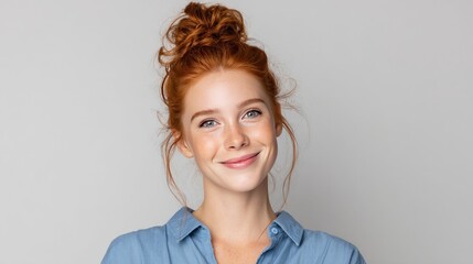 Smiling woman with red hair in a bun, wearing a blue shirt, against gray