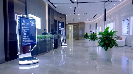 A modern, sleek office lobby with interactive digital displays, potted plants, and polished flooring