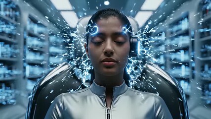 Futuristic Cybernetic Woman Surrounded by Computer Monitors in a Silver Chair, Illuminated by Radiant Light, Perfect for Capturing the Essence of Technological Innovation and Forward Thinking. - Powered by Adobe