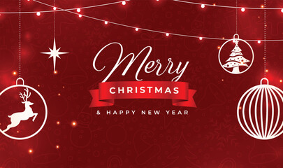 Red christmas card with hanging christmas decorations