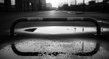 A Barricade on A Wet Road Reflecting Stopping, Urban and Bleak Environment