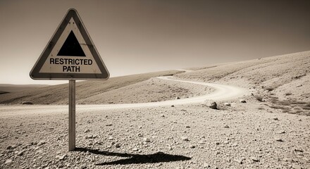 A Barren Landscape With A Winding Road And A Restricted Path Sign
