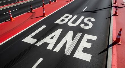 A Designated Bus Lane Marked On Asphalt With Safety Cones And Clear Signage